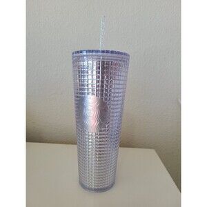 Starbucks Iridescent Silver Grid 24oz Tumbler with Straw Rare Collectible Cup